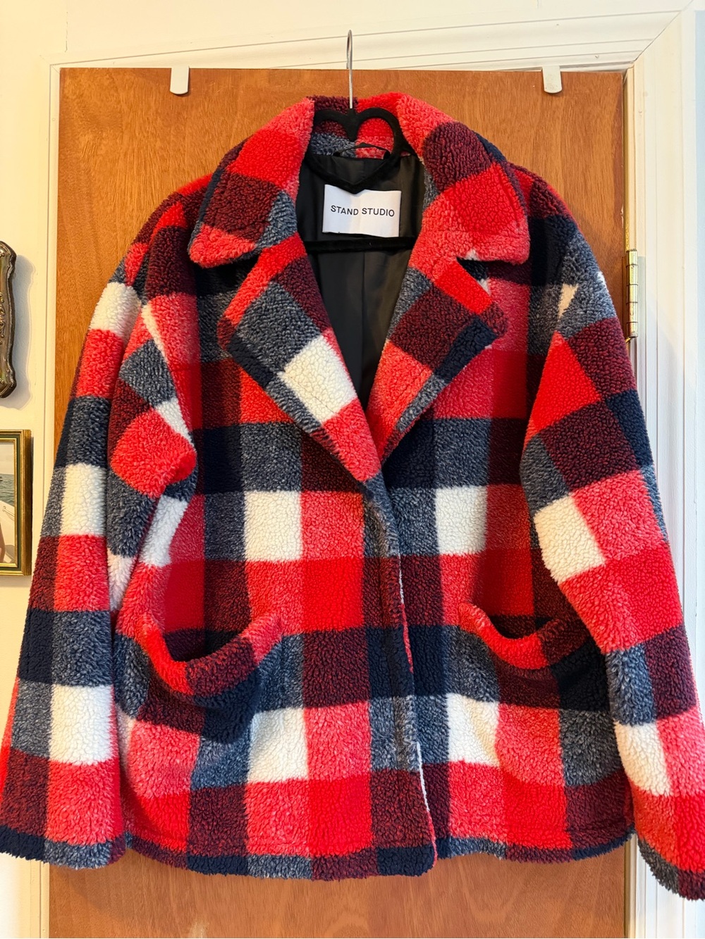 Stand Studio Red Navy White Plaid Teddy Jacket